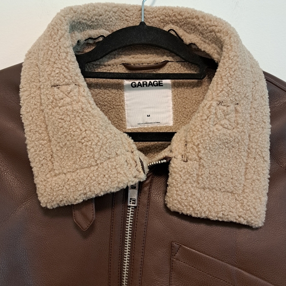 Garage Cropped Aviator Jacket Sherpa Lined Coat Brown Faux Leather Women's Sz M - Picture 8 of 16